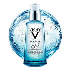 Vichy Mineral 89 hyaluronic acid face serum bottle with water splash background