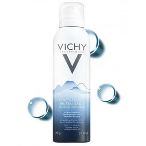 Vichy Mineralizing Thermal Water spray bottle with water droplets, skincare product