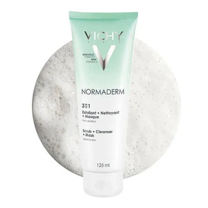 Vichy Normaderm 3-in-1 exfoliant cleanser mask for sensitive skin, 125ml, with textured cream background